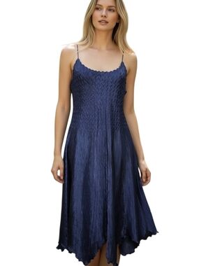 Komarov crinkled Satin  Navy Blue Textured Midi length Slip Dress